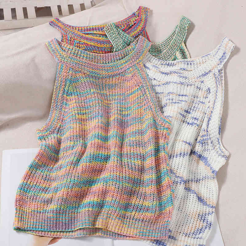 

Women Summer Crop Tops Ladies Knitted ped Vest Colorful Vintage O-Neck Tank Camis 210518, Green