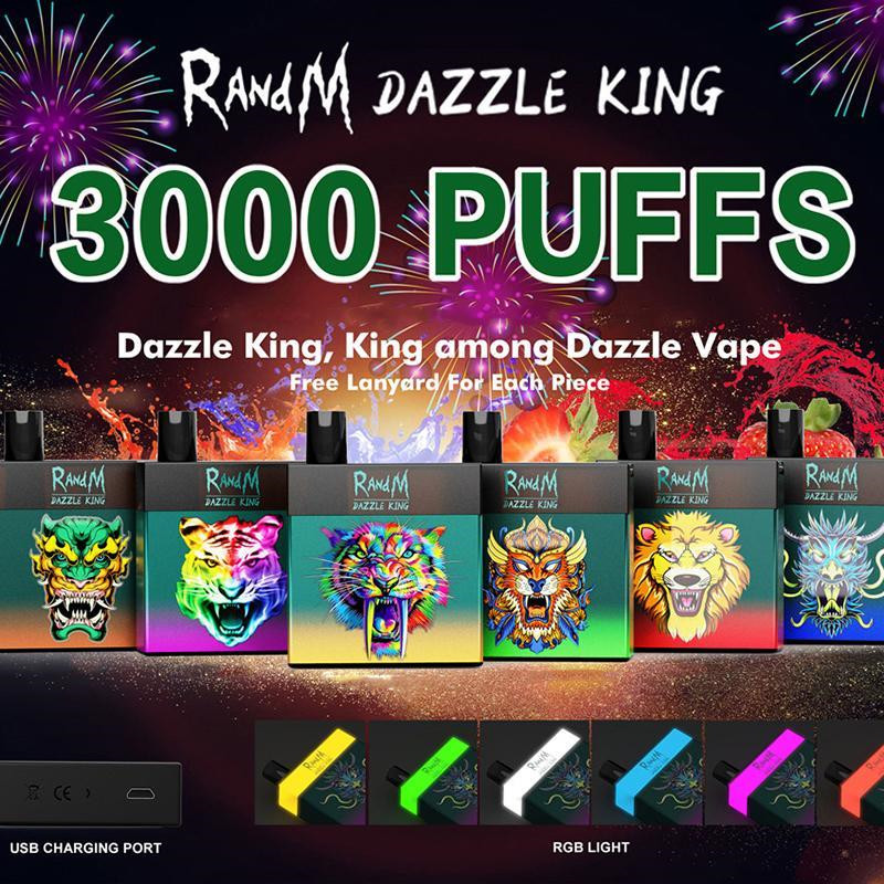 

Original RandM DAZZLE KING Disposable Device Kit 1100mAh Battery Prefilled 8ml Pods 3000 Puffs Vape Stick Pen Colorful LGB Led Light Bar Plus 100% Authentic
