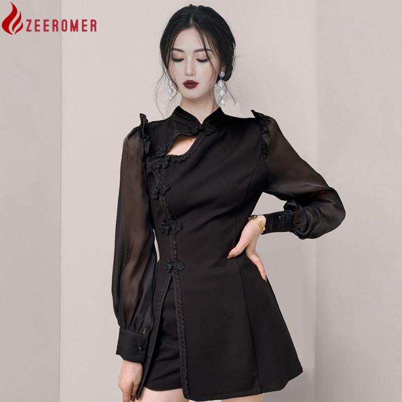 

Women's Tracksuits 2021 Autumn Elegant Cheongsam 2 Piece Set Women Black Vintage Chiffon Patchwork Long Sleeve Casual Dress + Mini Shorts Su, Gray