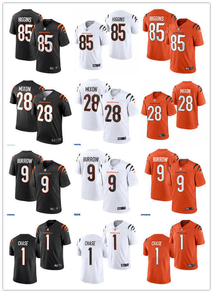 

Mens womens Youth CincinnatiBengals9 Joe Burrow 1 Ja'marr Chase 28 Joe Mixon 85 Tee Higgins Black Orange Football Jerseys, Black;red