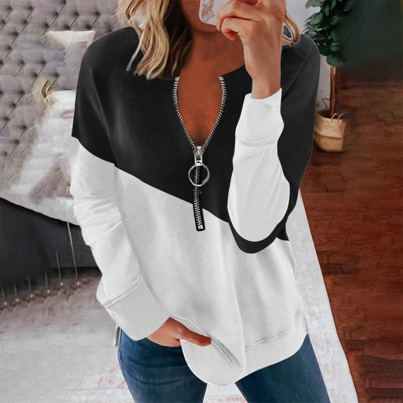 

Women' Hoodies & Sweatshirts Feitong Zipper Women Fashion Patwork Contrast Color Print Long Sleeve Casual Sweatshirt Tops Harajuku, Black