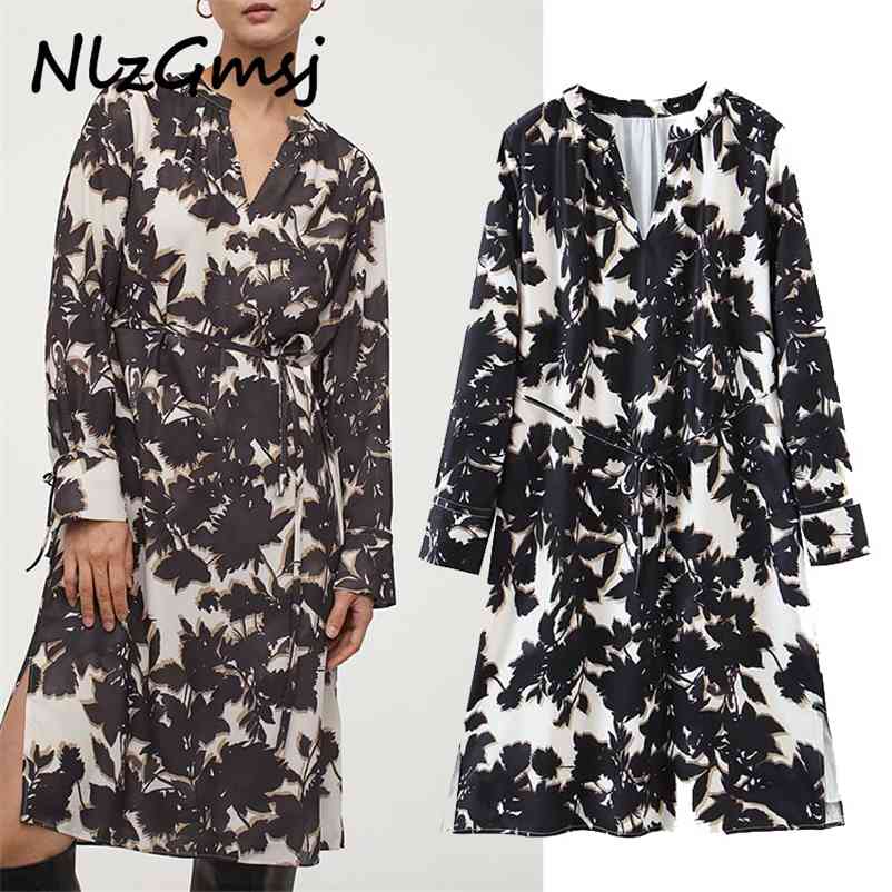 

Spring Fashion Women V-neck High Waist Knee-length Lace Up Long Sleeve Printing A-line Elegant Dress 210628, As picture