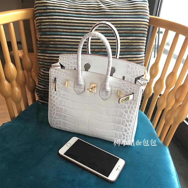 

Women Bag Handbag Customized Himalaya White Crocodile Pattern Cowhide Portable Shoulder Crossbody Bright Leather, 25cm himalayan white