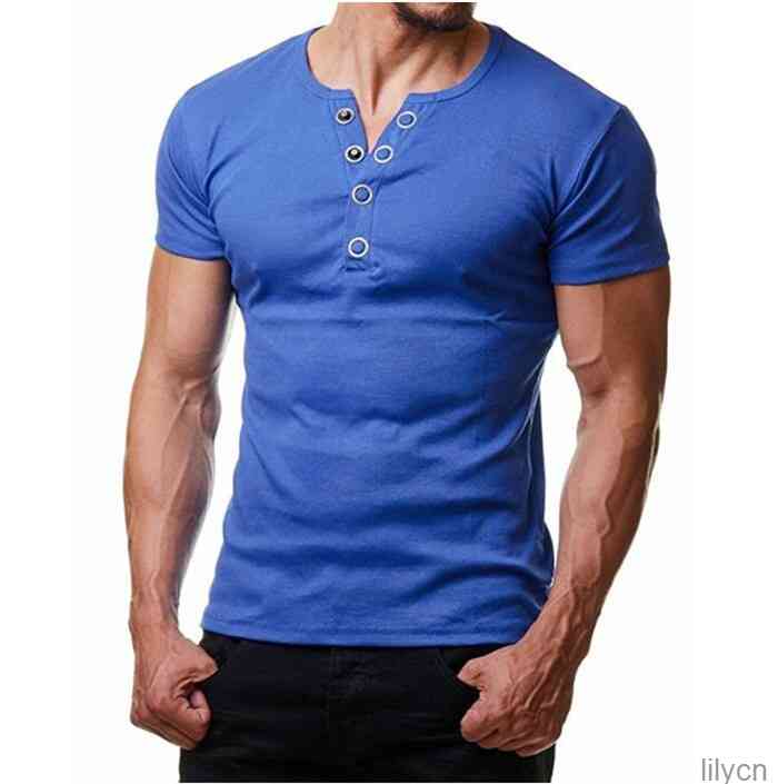 Mens Designer Casual T Shirt Open collar button Slim Fit Compression Fitness tees Solid Color Summer Short Sleeve Fashion Homme Clothing-image-711465644