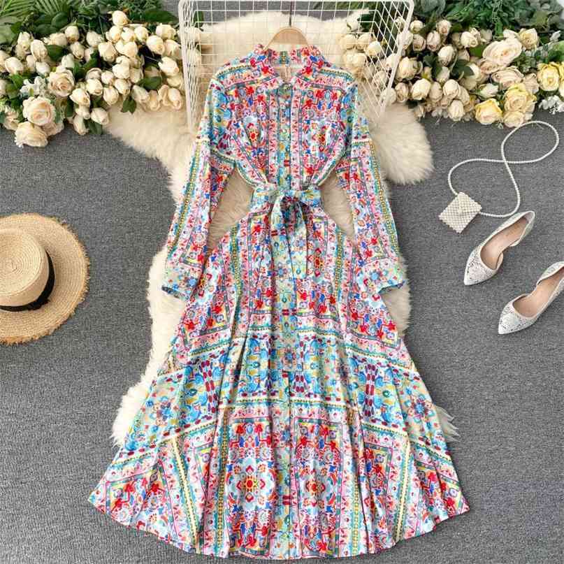 

Women's Runway Floral Print Maxi Dress Fashion Spring Autumn Full Sleeve Buttons Sash Lace-up Casual Holidays Long 210603, Pink