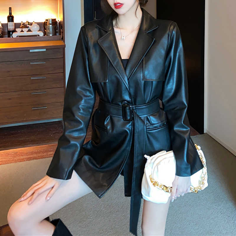 

Outerwear Korean Leather Moto Jacket Women Casual Loose Long Sleeve Biker Streetwear Pockets with Sashes Spring Tops 210604, Leather jacket