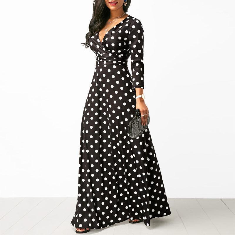 

Women' Vintage Polka Dot Print Maxi Dress Female Long Sleeve V Neck Casual High Waist Dresses Vestidos Sundress Clubwear, Black