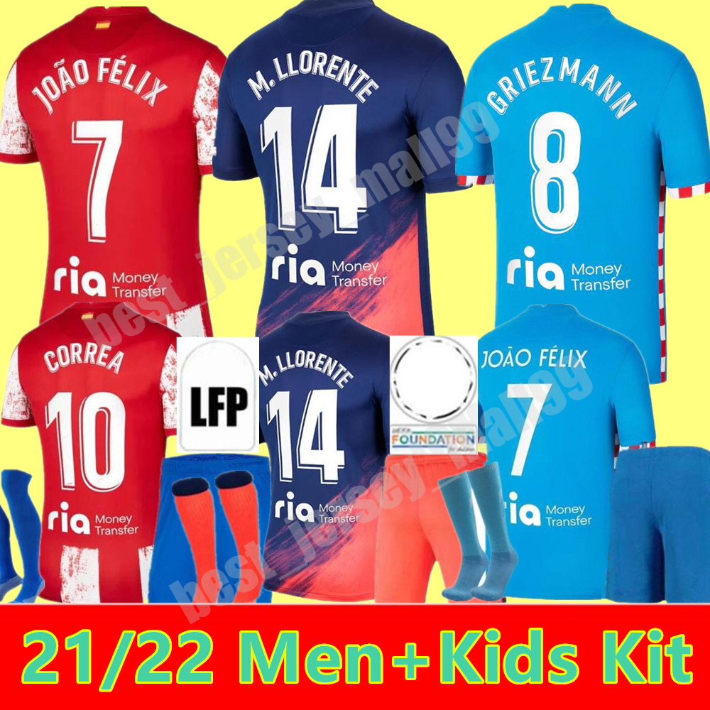 

21 22 Atletico SUAREZ Soccer Jerseys JOÃO FÉLIX 2021 2022 Madrid Griezmann M. Llorente CORREA KOKE Camisetas home away 3rd CARRASCO adult men kids kit Football Shirt, 3rd kids