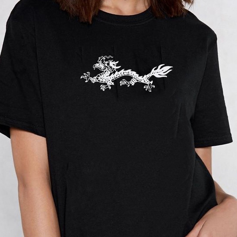 

Summer Fashion 100% Cotton Summer Fashion Chinese Style White Dragon Casual Funny Women T-Shirt Kawaii Cute Grunge Clothing 210518, Black
