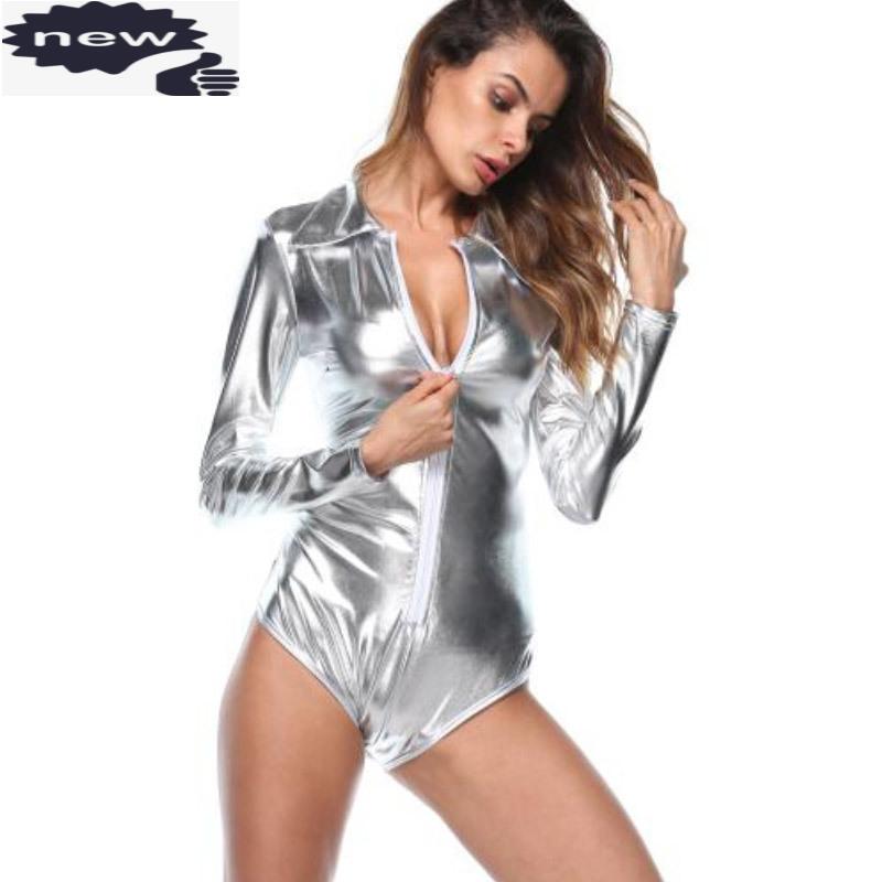 

Women's Two Piece Pants Sexy Ladies Bodysuit Long Sleeve Zipper Black Jumpsuits For Women Evening Club Body Femme Rempers Plus Size, White
