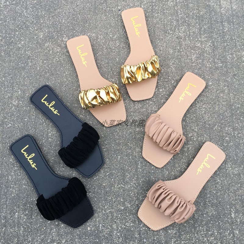 

slippers shoes women low female luxury slides soft designer flat summer pu fretwork basic rubber pleated casual s i3kg, Black