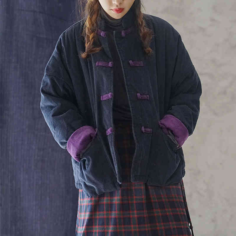 

Johnature Women Corduroy Vintage Parkas Stand Long Sleeve Coats Spring Patchwork Button Pockets Female Chinese Style Coats 210521, Purple