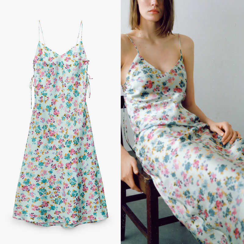 

Za Ruched Print Summer Dress Women Sleeveless Spaghetti Straps Sexy Evening Dresses Chic Side Drawstring Midi Satin Dress 210602, As picture
