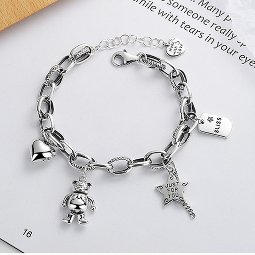 

Cute Real 925 Silver Bracelet By Antique Finish With Heart Star Bear Shield Pendant Charms Unisex Chain Fine Jewelry