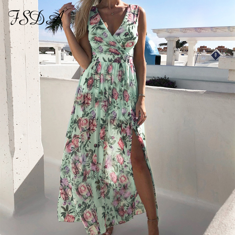 

2021sleeveless v neck floral print dress boho women maxi split 2021 summer wrap off shoulder beach dresses casual, Black;gray