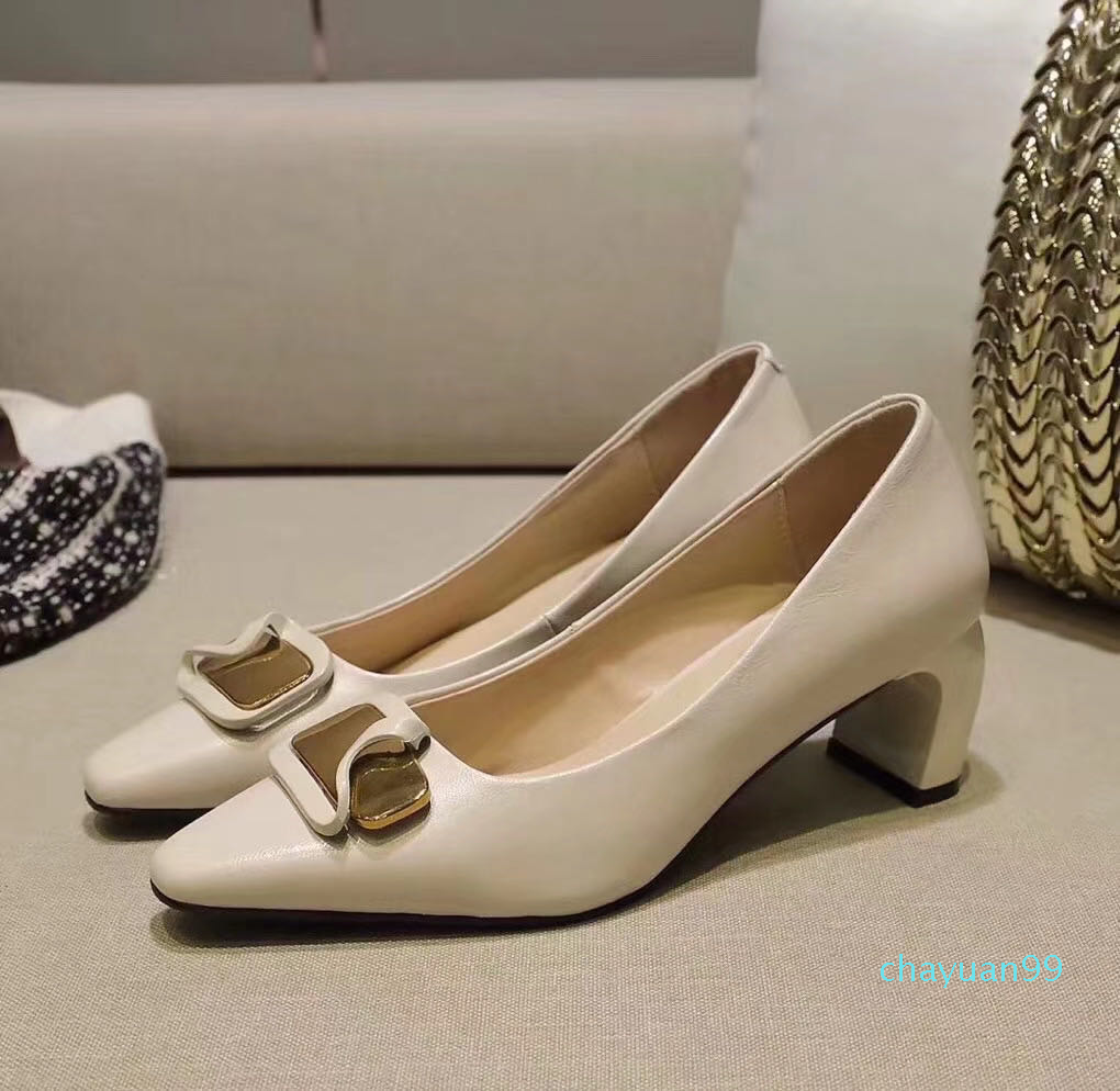 

5.5cm genuine leather beige black gold buckle kitten chunky heels shoes lamb skin work 2021, Black/ask size first