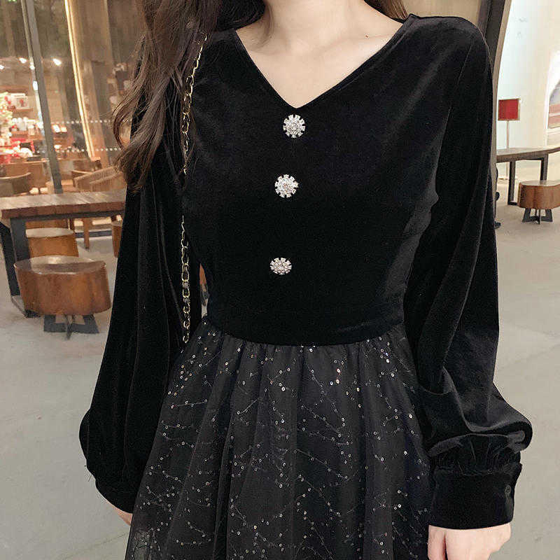 

Velvet Black Dress French Long Sleeve Maxi Gothic Designer V-neck Women Evening Sequins Autumn Women' Clothing 210604