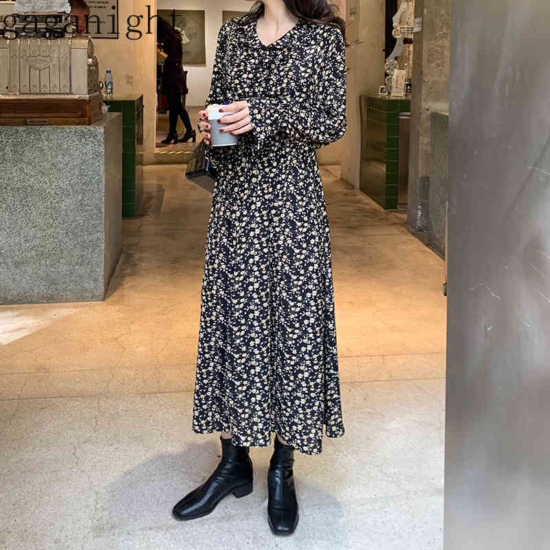

Gaganight Floral Women Maxi Spring Chiffon Dress Long Sleeve V Neck Vintage Korean Ladies Long Dresses A Line Fashion Vestidos 210519, Black