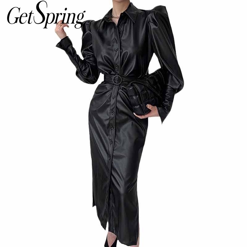 

GetSpring Women Dress Temperament PU Leather es Puff Sleeve Single Breasted Belt Maxi High Waist Split Long es 210601, Black
