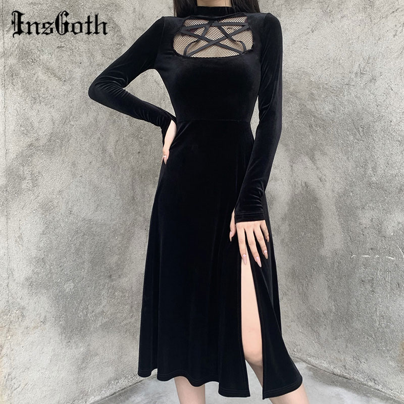 

InsGoth Women Gothic Pentagram Hollow Out Dress Vintage Elegant Velvet High Waist Slit Long Dress Autumn Long Sleeve Sexy Dress, Black