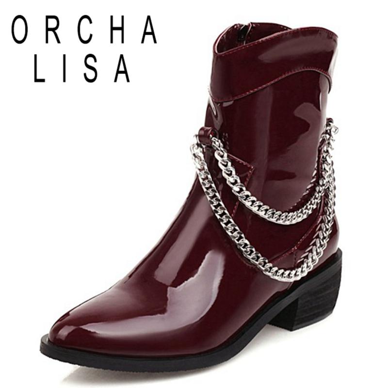 

Boots ORCHALISA 2021 Spring Autumn Ladies Ankle Punk Chains Zip Short Plush 4.5CM Chunky Heel Size 33-46 Black Red Yellow A4436