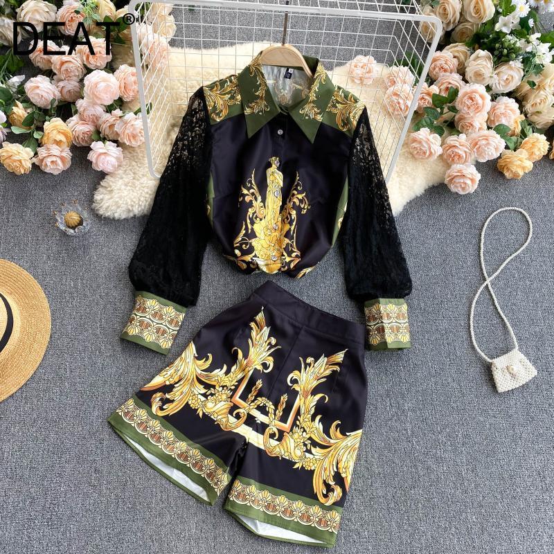 

Women Shorts Arrivals Lapel Puff Sleeve Vintage Printing Two Piece Set Fashion Temperament Spring Summer 11D64 210525, Black