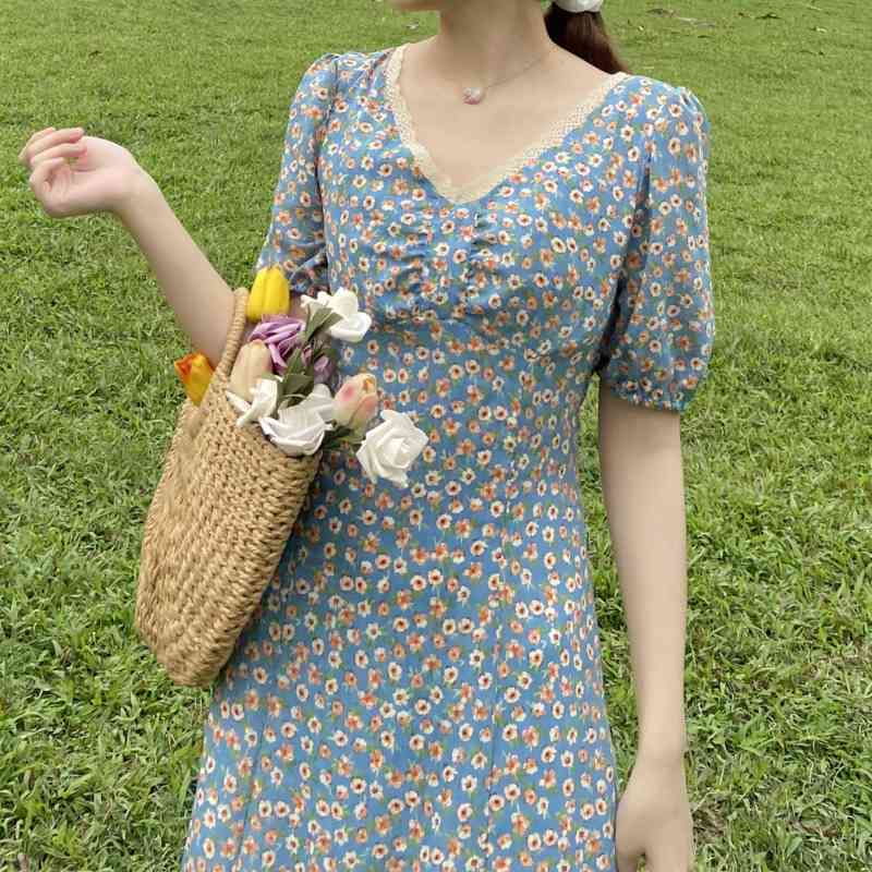 

WOMENGAGA Summer Tops Vintage Korean French Slim Puff Short Sleeve Daisy Floral Bodycon Dress Dresses For Women Party 9B2J 210603, Picnic blue
