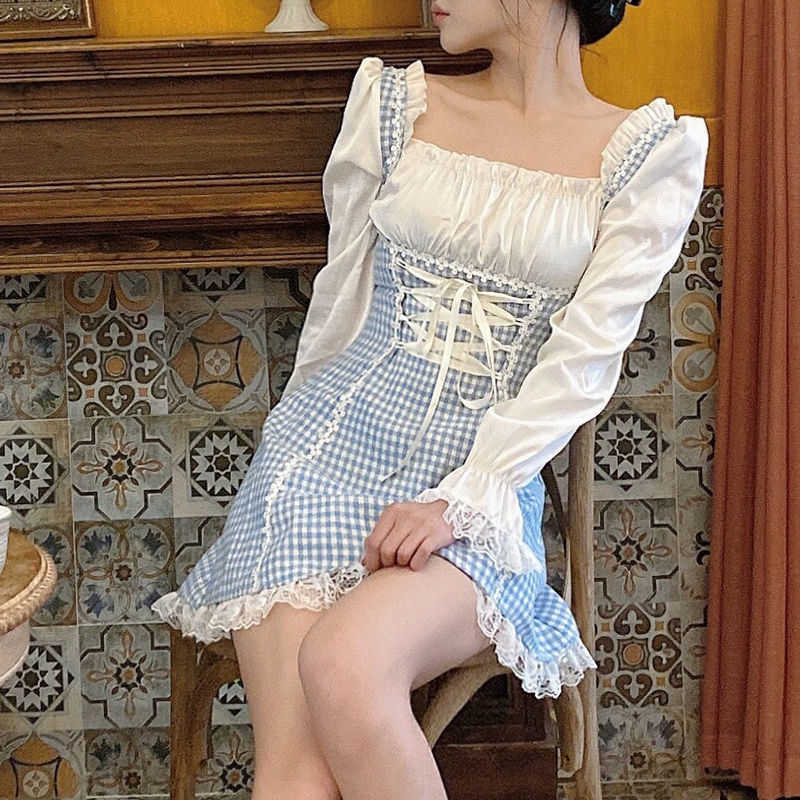 

Summer Japanese plaid ins sweet women dress Vintage chic plus size lace casual tie Puff Sleeve Ulzzang slim party lady 210608
