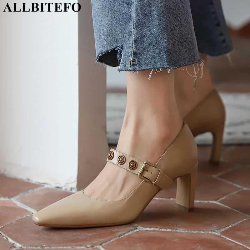 

ALLBITEFO thick heels retro genuine leather brand high heels office ladies shoes women high heel shoes party women heels 210611, As picture