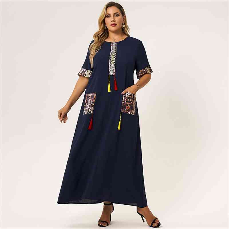 

summer maxi dress women plus size deep blue loose tassel pockects o-neck hemmed half sleeve vintange elegant party robe, Black;gray