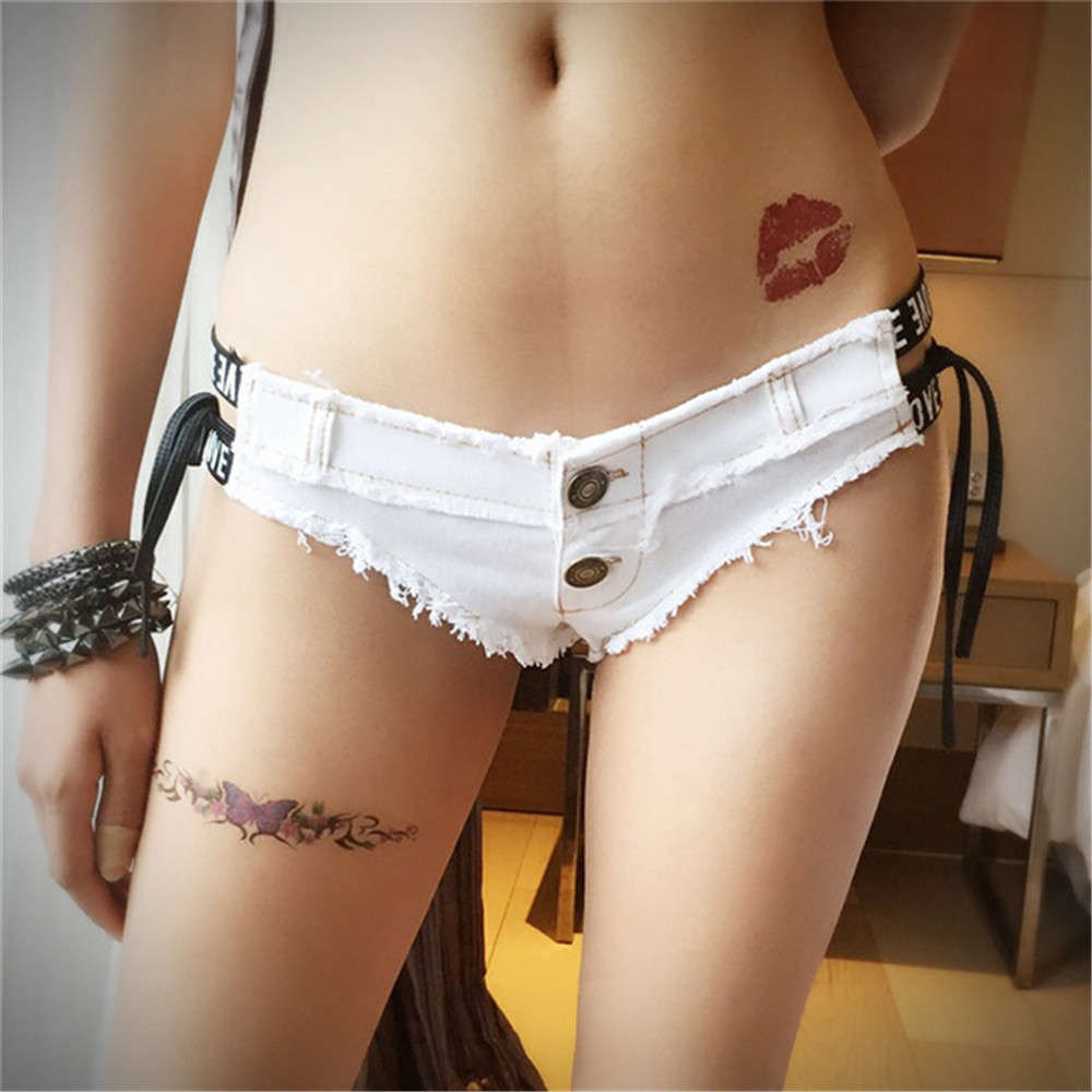 

4 Color Women's Bandage Letter Jeans Beach Wear Sexy Low Waist Thong Denim Bar Club Nightclub Pole Dance Shorts, White;black