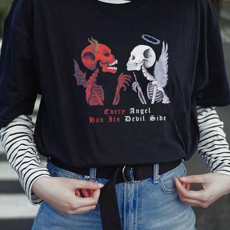 

Angel Devil Gothic T-Shirt Women's Skeleton Print Grunge Aesthetic Goth T Shirt Dark Edgy Fashion Streetwear Graphic Tee 210518, Black