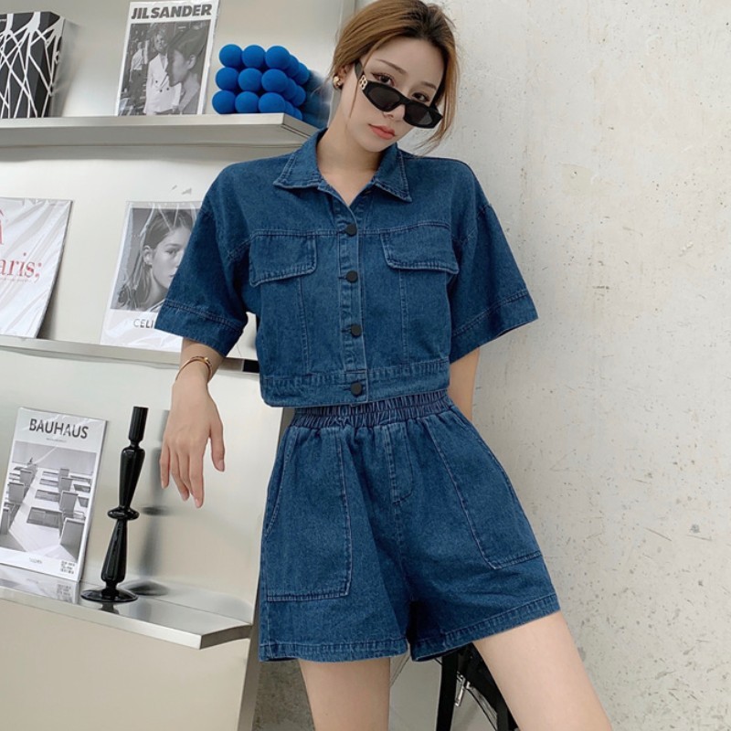 

Summer Two Piece Set Women Casual Fashion Denim Lapel Short Sleeve Jacket Tops + Elastic Waist Shorts Outfits 210518, Photo color