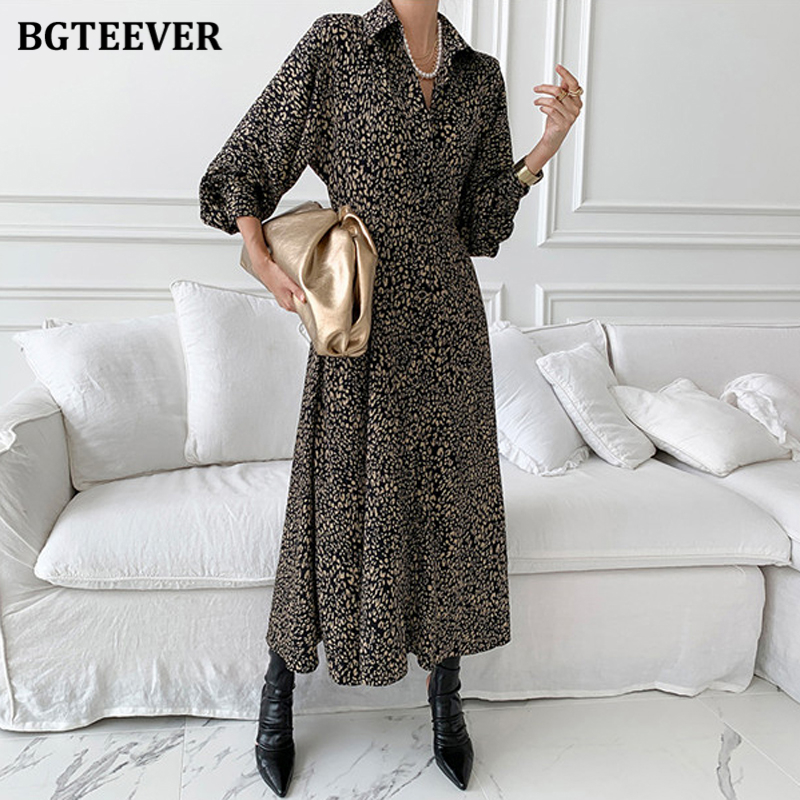 

2021bgteever stylish leopard printed long shirt dress for women full sleeve single-breasted female a-line dress spring vestidos 2021, Black;gray