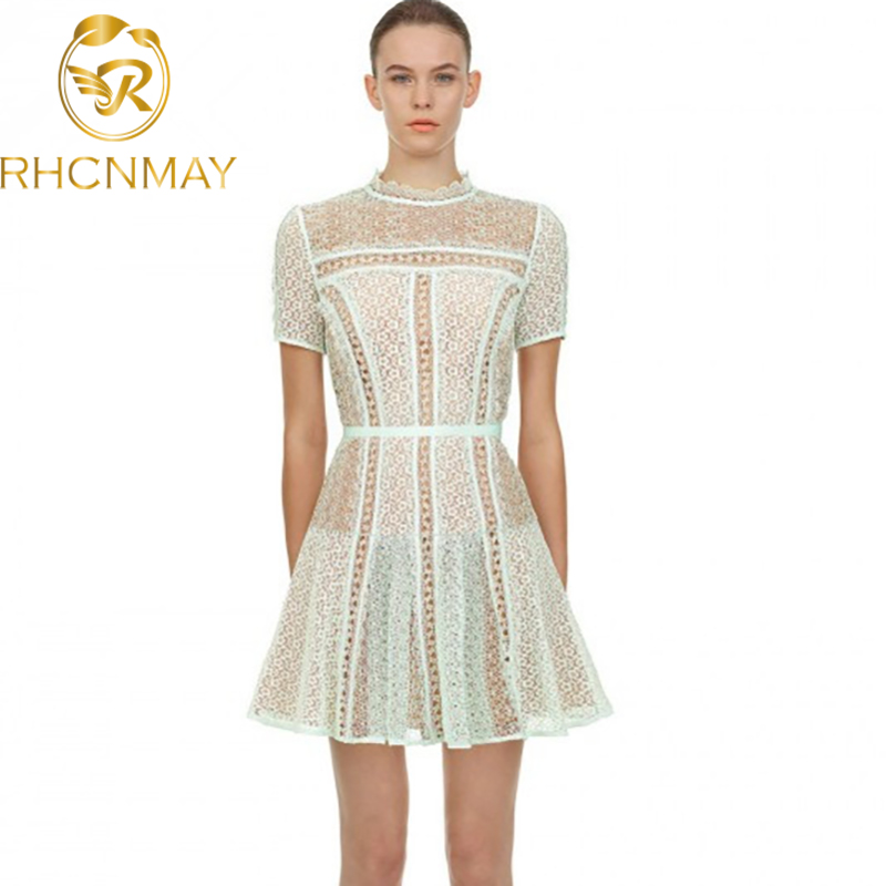 

runway women self portrait elegant short sleeve hollow out dress summer mint green lace dress female high waist party dressswimwear bat, Black;gray