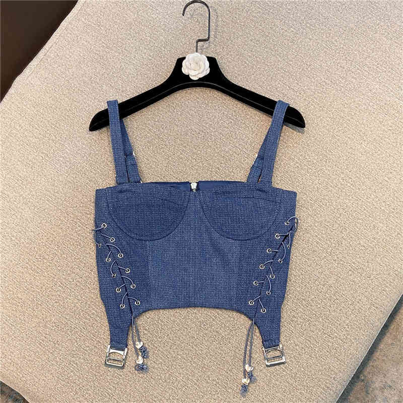

HIGH QUALITY est Fashion Summer Tops Women's Spaghetti Strap Lacing Up Tweed Camis 210521, Blue