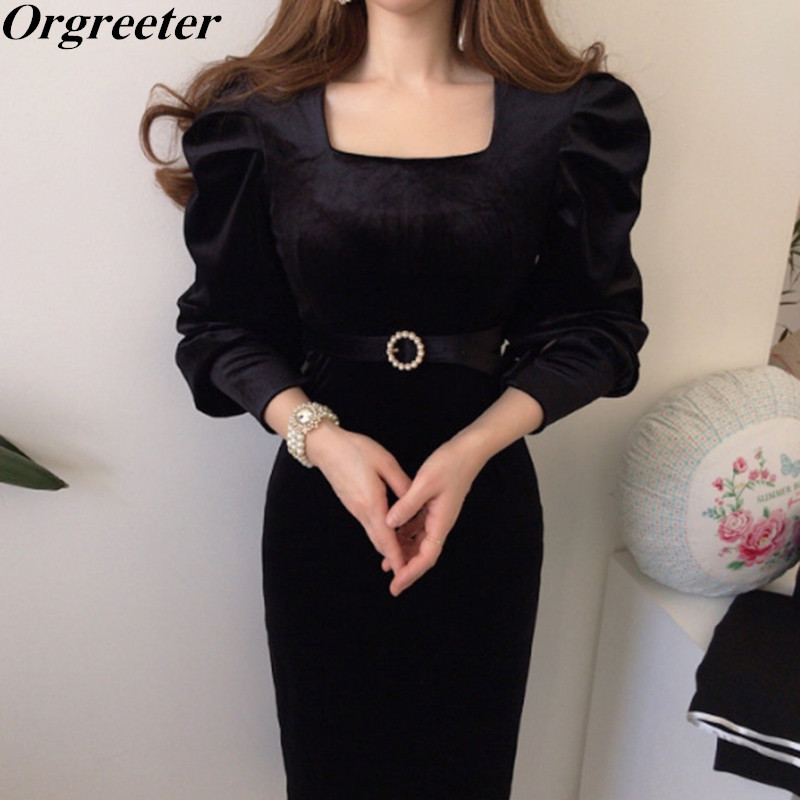 

Elegant Black Velvet Dresses For Women Sexy Square collar Slim Puff sleeve Pearl Belt Party Female Spring Fall OL 210525