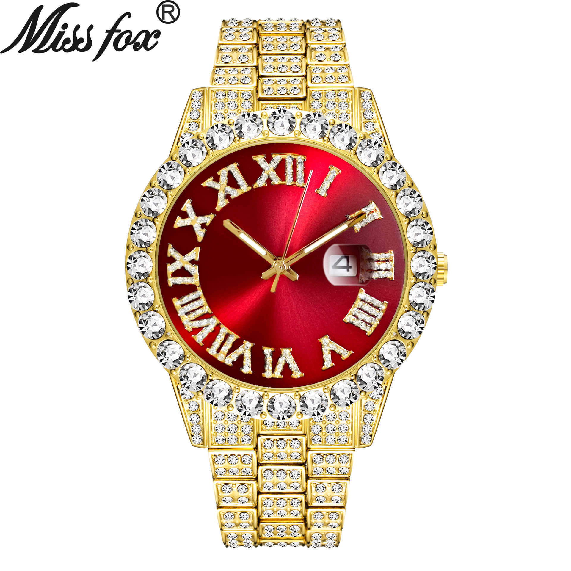 

Missfox watch men's personality hip hop Feng Shui ghost Roman inlaid watch men, White and red face