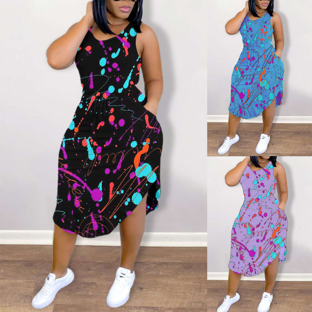 

Women's summer large fat woman round neck printed vest dress, Black;gray
