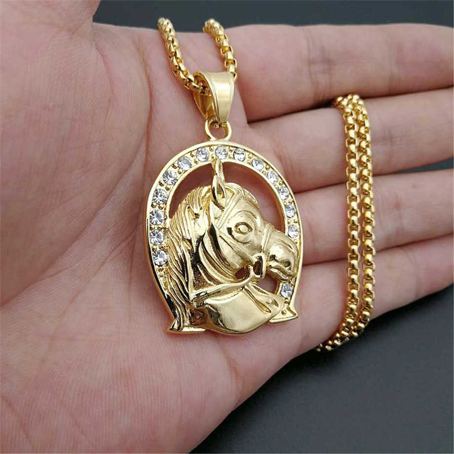 

Jockey Club Horse Head Pendants Necklaces Women/Men Gold Color Stainless Steel Horseshoe Iced Out Bling Hip Hop Jewelry