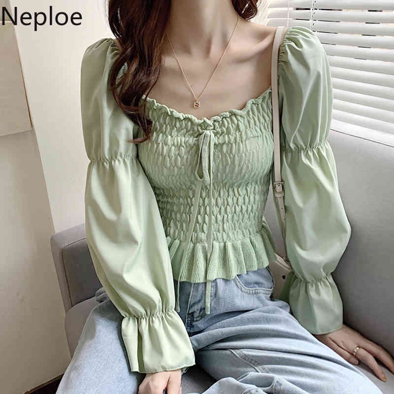 Neploe Chiffon Blouses Women Square Collar Slim Short Shirts Puff Sleeve Ruffles Pleated Sweet Tops Blusas Mujer De Moda 210422
