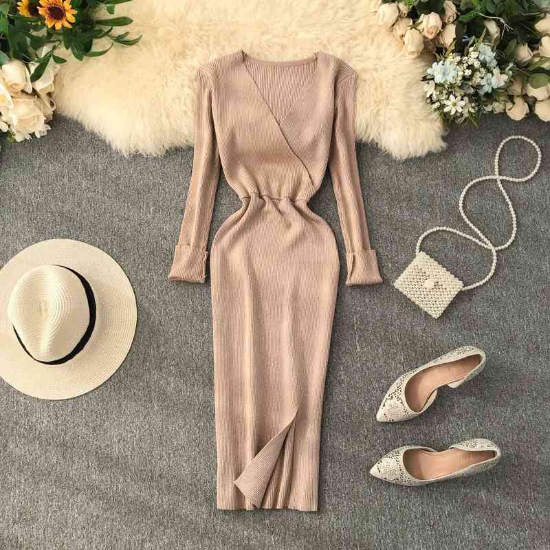 

Women Casual Dress Autumn Winter Sweater Ladies Elegant V-neck Long Sleeve Bodycon Bright Midi Robe 210602