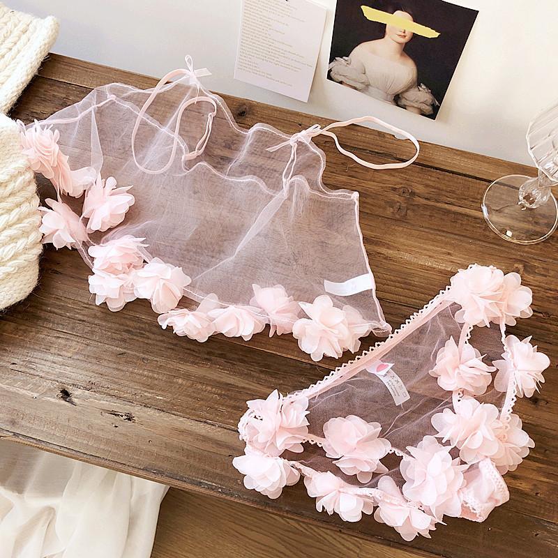 

Bras Sets Wriufred Sexy Petal Bud Bra Set Silk Gauze Transparent Vest Underwear Pajamas Nightie Sweet Fairy, Pink