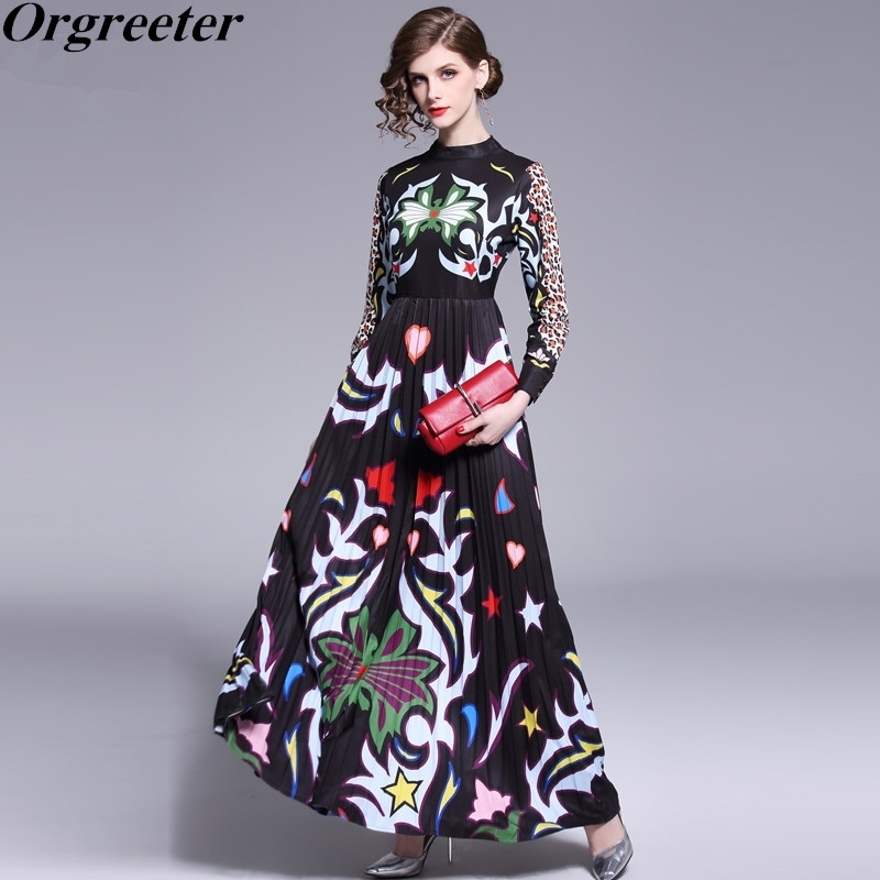 

Runway Design Leopard abstract Pattern Print Pleated Maxi Dress Long Sleeve High waist Stand collar Casual Women 210525, Black