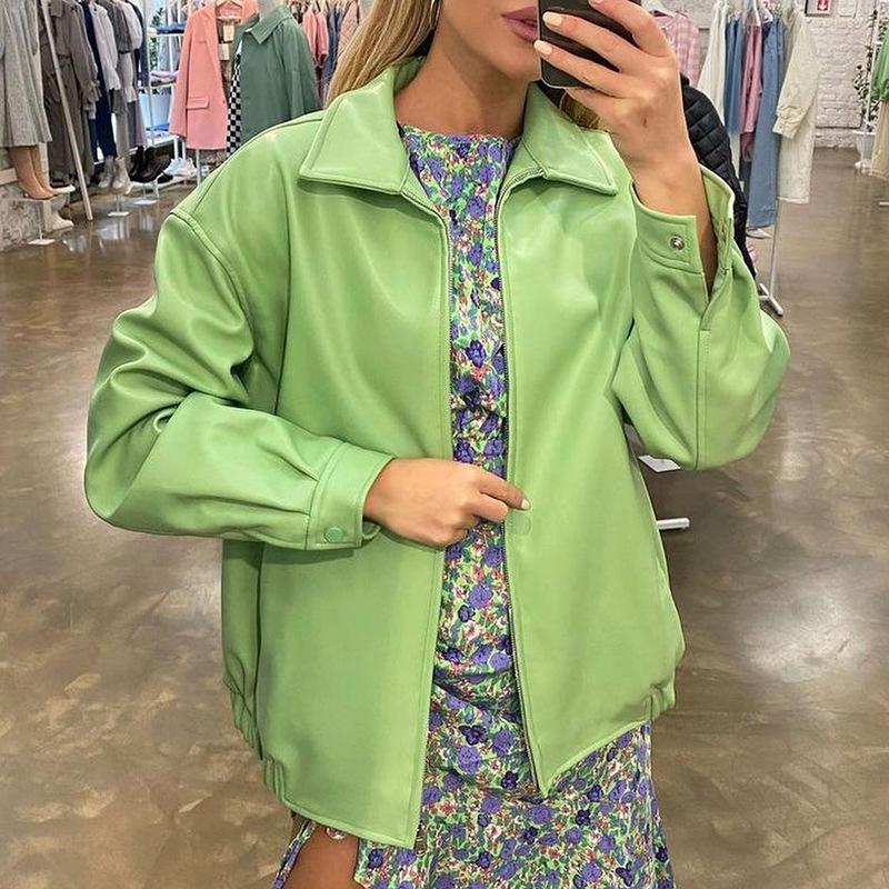 

Women's Leather & Faux PU Jacket Women Street 2021 Fashion Bright Color Lapel Zipper Loose Casual Motorcycle Punk Coat, Black