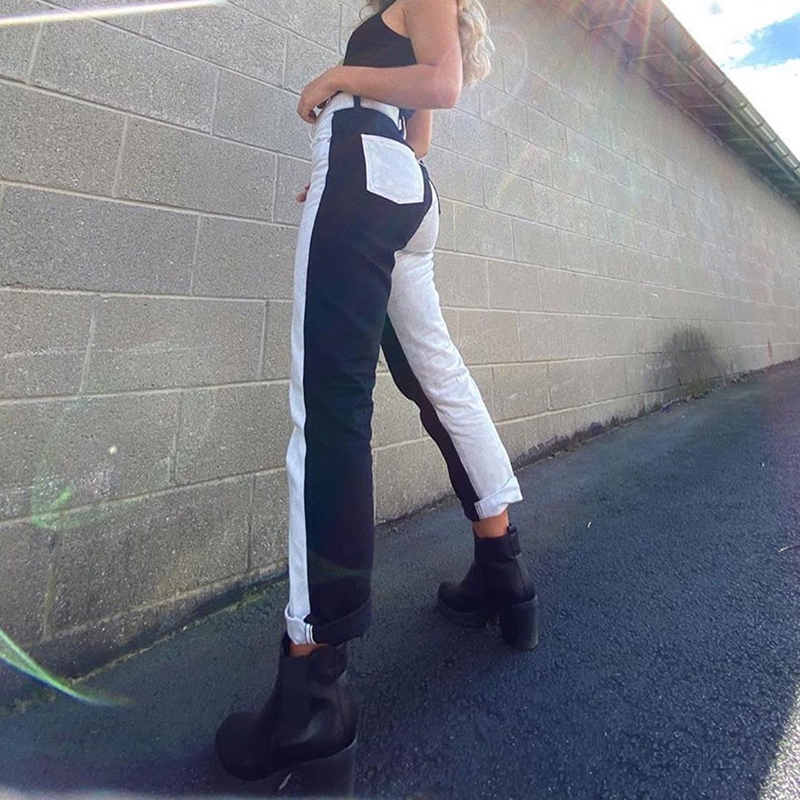 

2011darlingaga fashion black white patchwork y2k woman jeans straight skinny high waisted denim pants slim long trousers new outfits, Blue