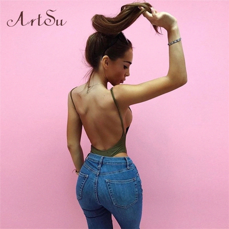 

ArtSu Casual U Cutout Backless Strap Cotton Bodysuit Femme Teddy Bodycon Rompers Womens Summer Jumpsuit Overalls Mujer ASJU60122 08Vj#, Army green