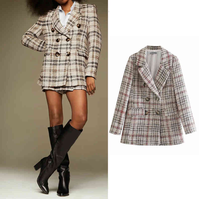 

Women's Down & Parkas 2021 fashion ladies autumn plaid texture blazer women's long-sleeved lapel button decoration jacket street c, Black