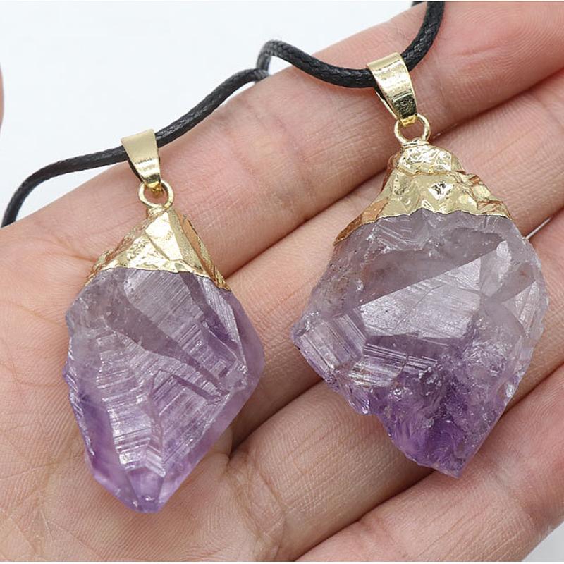 

Pendant Necklaces Irregular Natural Stone Cluster Amethysts Raw Mineral Purple Crystal Suspension Necklace For Women Lover Reiki