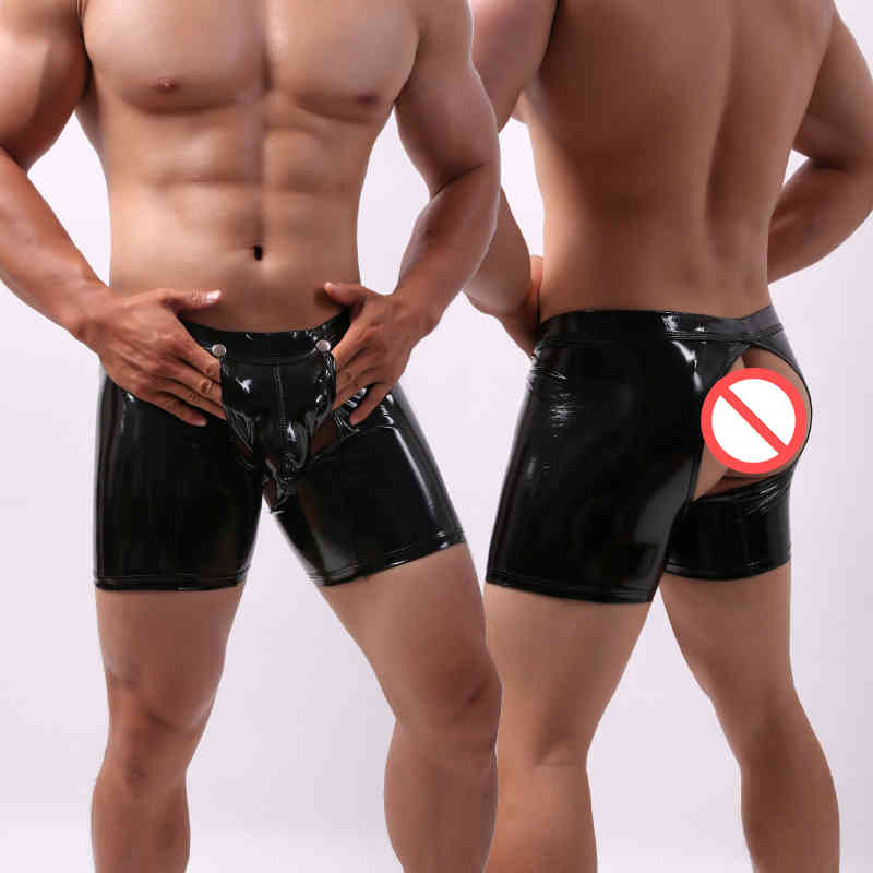 

AIIOU Sexy Couple Underwear Gay Men Boxer Shorts Faux Leather Wet Look Underpants Open Crotch Pouch Trunks Ass Free Cueca LJ200922, Black